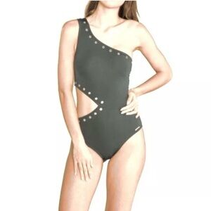 NWT MICHAEL Kors Olive Grunge Luxe Asymmetrical One Piece Swimsuit - Size 14